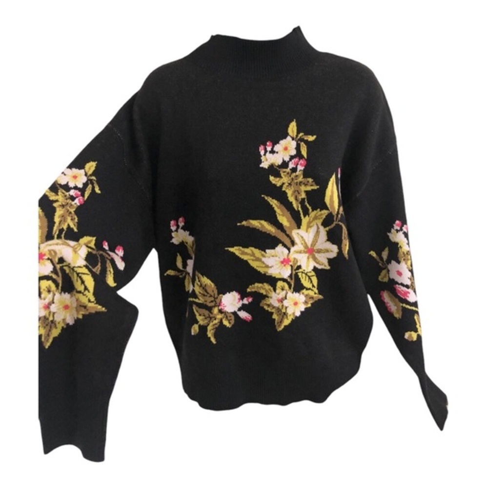 Andrew Marc New York black mockneck yellow‎ green floral stem print sweater